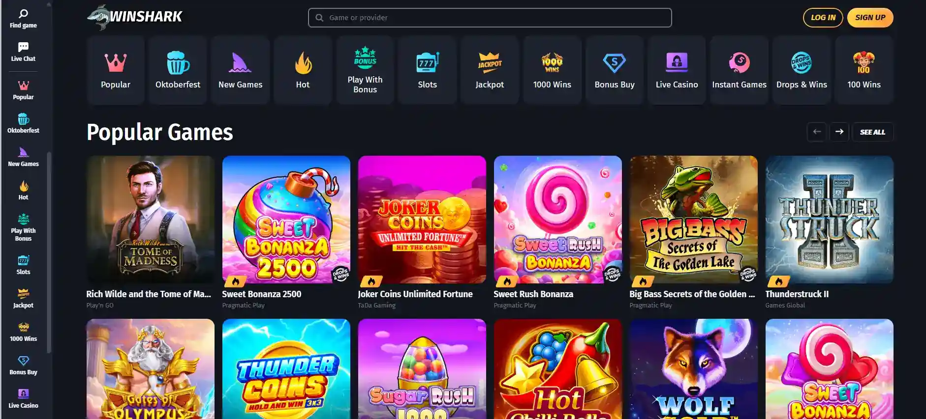 Public homepage of Winshark Casino